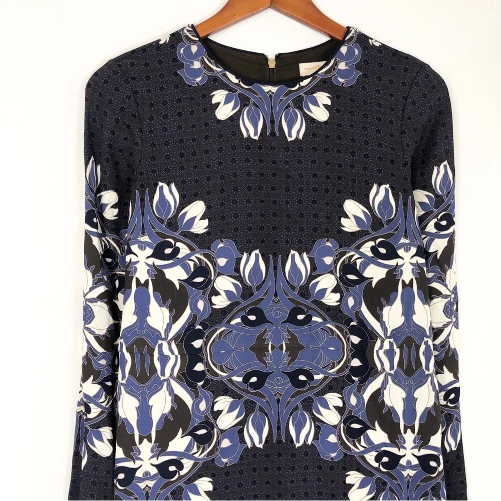 Tory Burch Flavia Floral Mini Dress Long Sleeve Jersey Stretch Size 6 Blue White